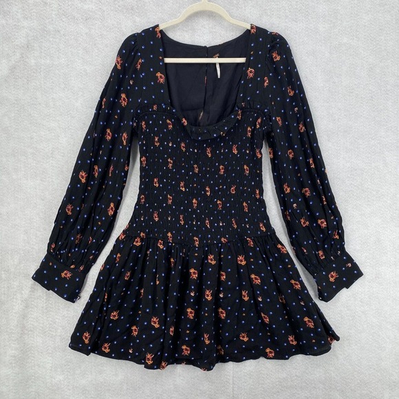 Free People Two Faces Mini Dress Womens XS Black Smocked Waist Balloon Sleeve - Picture 1 of 16
